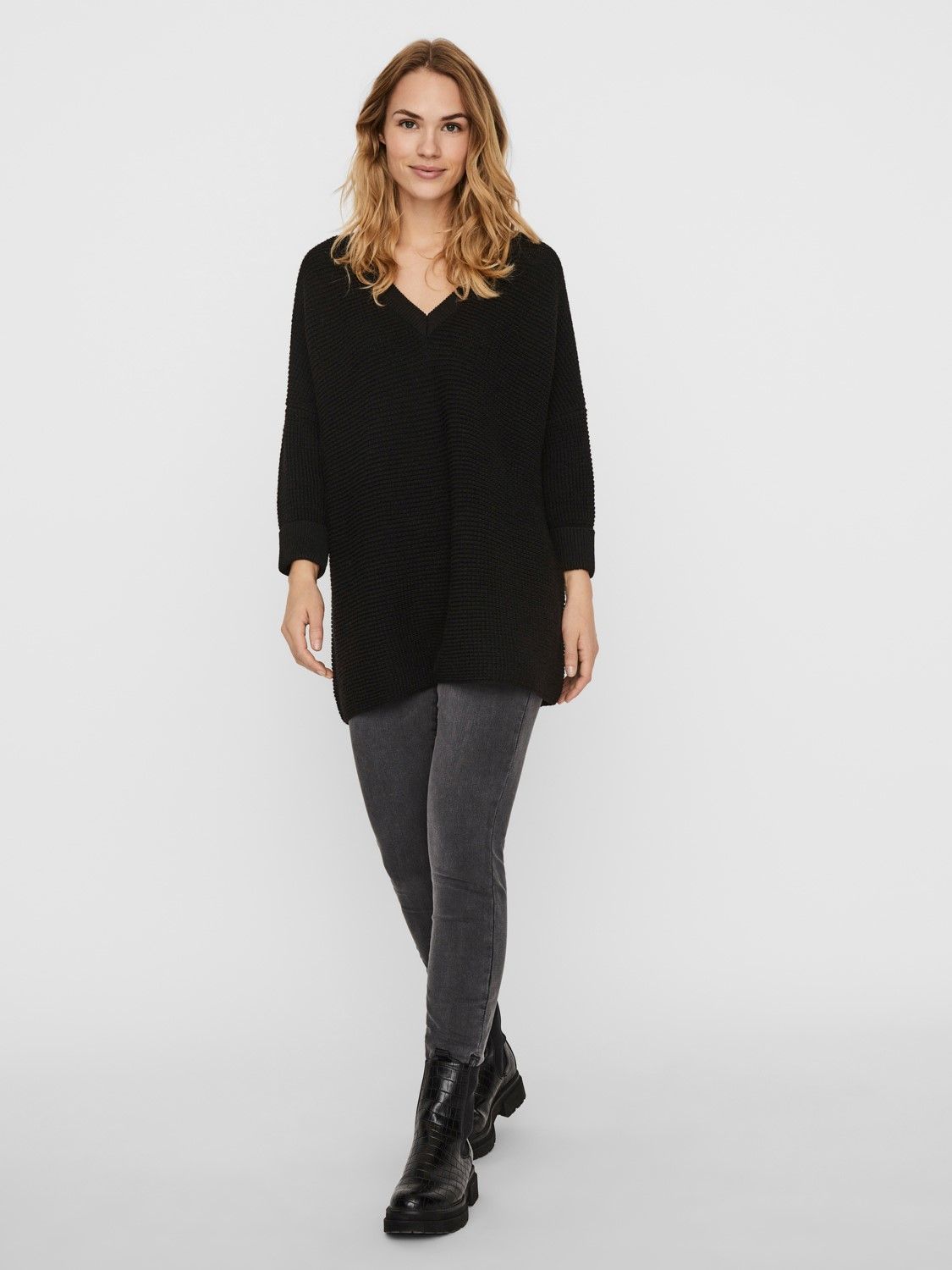 VEROCAM044 (5) VMLEANNA 3/4 V-NECK LONG BLOUSE GA BOO Negro/Black