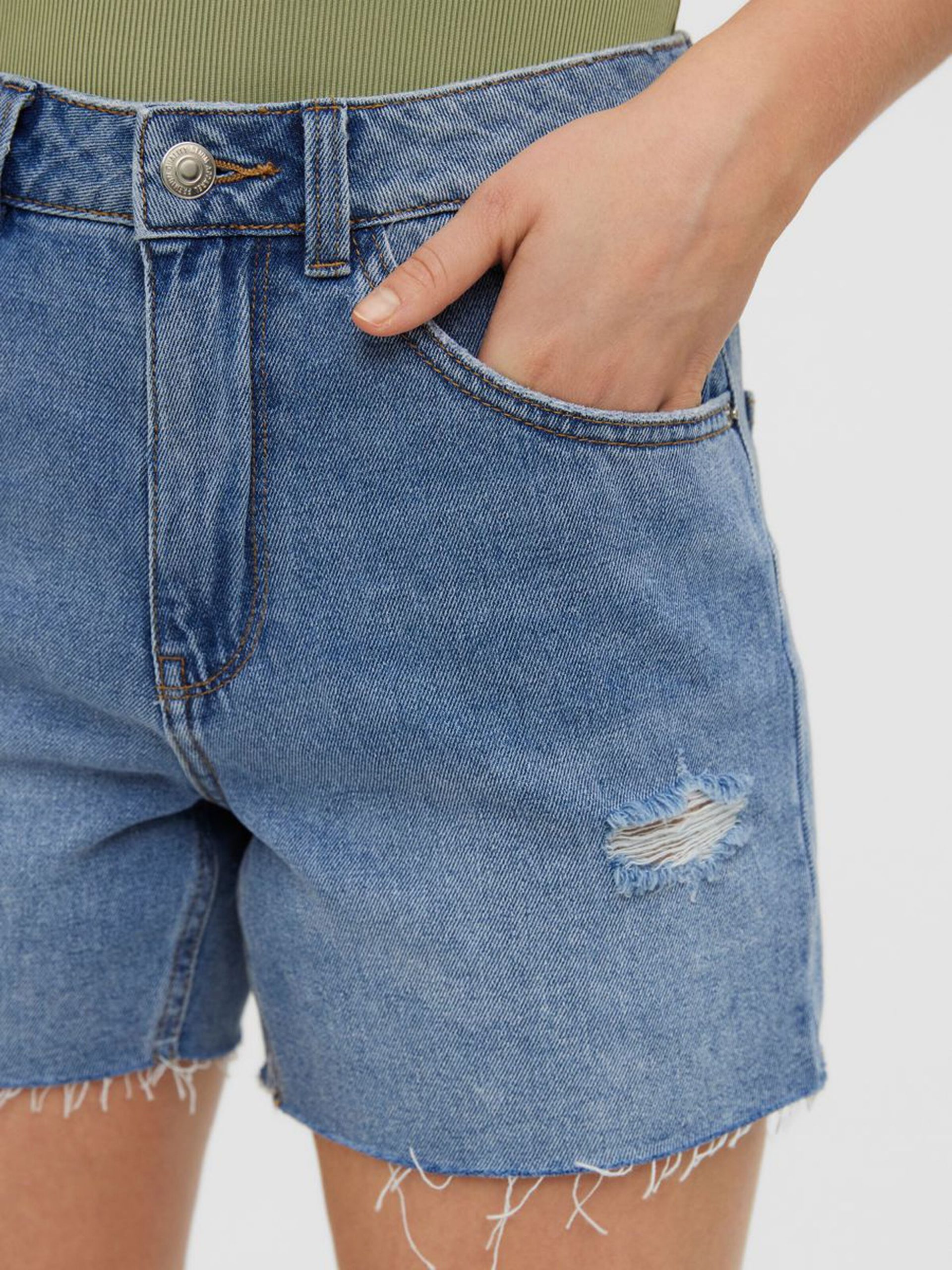 10265233_MediumBlueDenim_006_ProductLarge HIGH WAISTED RAW DENIM SHORTS